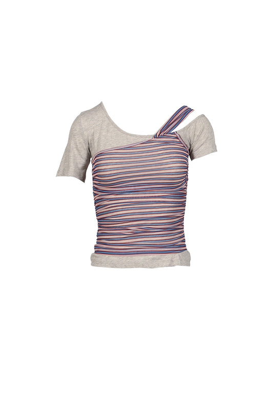 Anomalies Department 【本物保証】 Tシャツ ストリート系 レディース LAYERING DECONSTRUCTED STRIPED TOPS / GRY