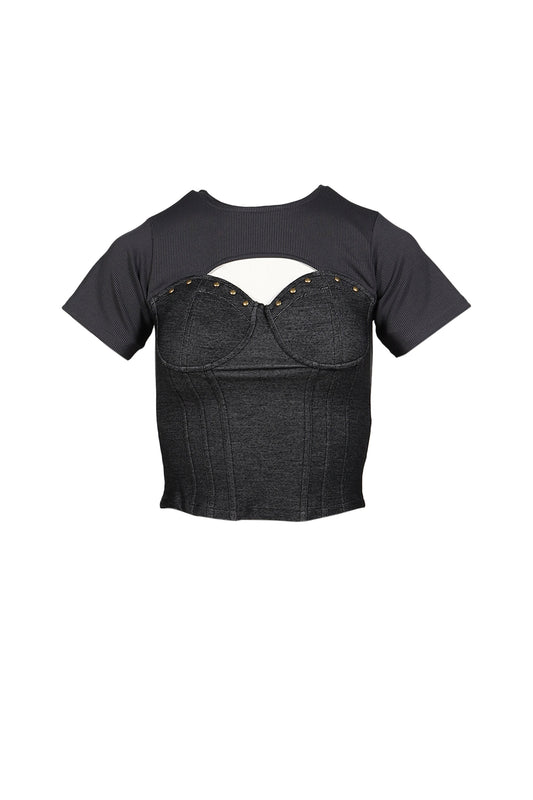 VIVAMUS 【本物保証】 シャツ ストリート系 レディース DENIM LACE COMBI T-SHIRT / BLK