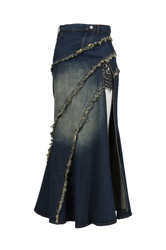 VIVAMUS 【本物保証】 スカート ストリート系 レディース TIERED LACE DENIM SKIRT / BLU