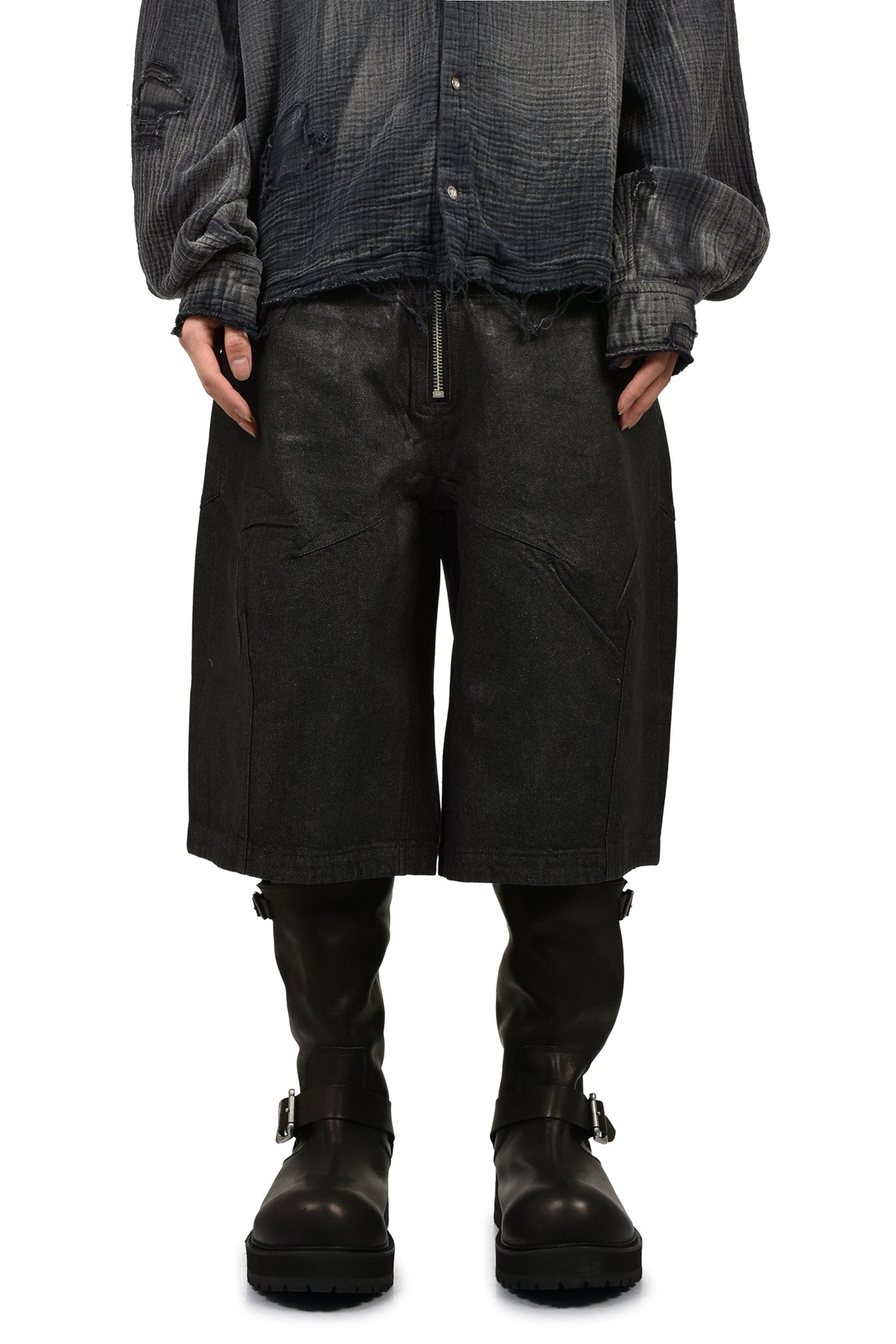 FILTH 汚物【本物保証】 ジャケット、ストリートスタイル、メンズ FRONT ZIP SHORTS / WAXED BLK