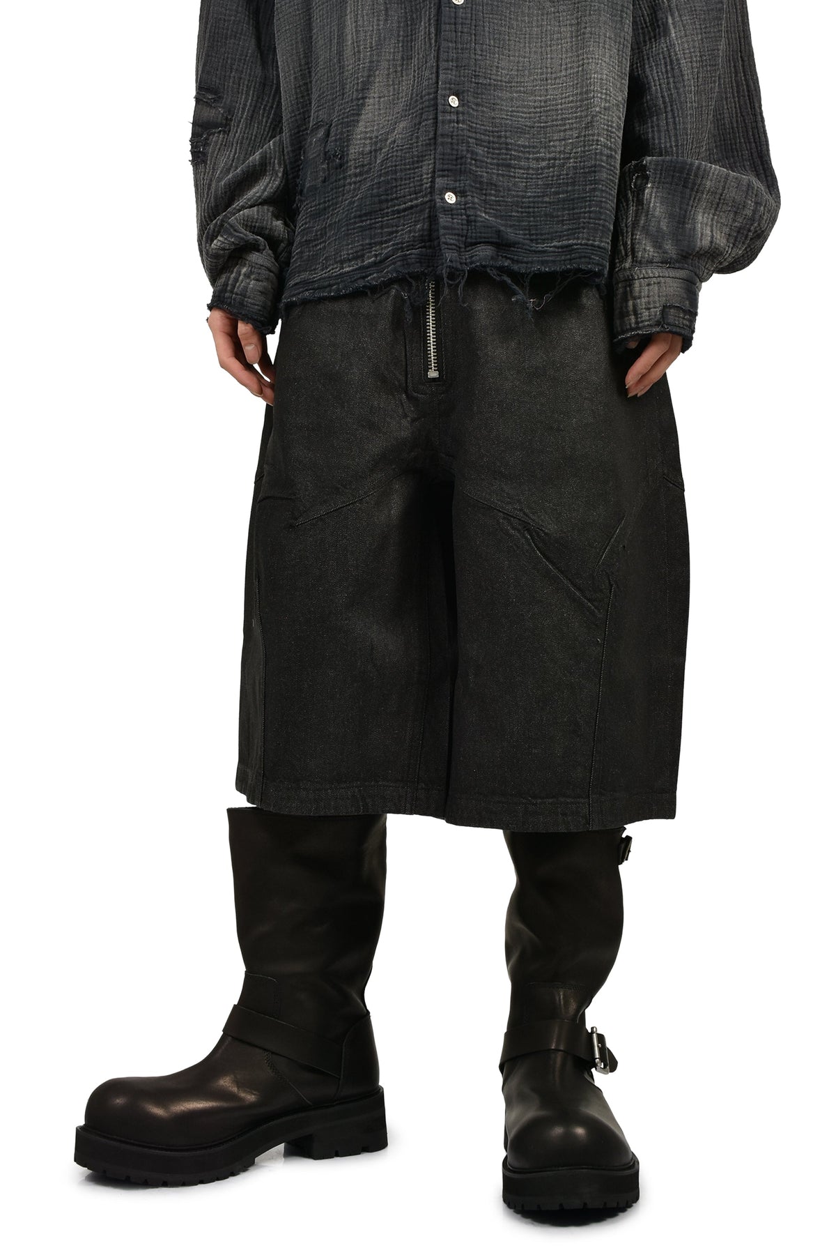 FILTH 汚物【本物保証】 ジャケット、ストリートスタイル、メンズ FRONT ZIP SHORTS / WAXED BLK