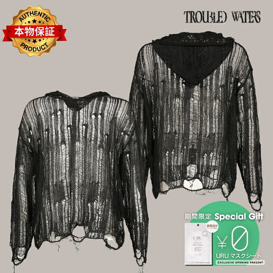 Troubled Waters トラブルド・ウォーターズ 【本物保証】パーカー、ストリートスタイル、メンズ SPIDER KNIT HOODIE / BLK