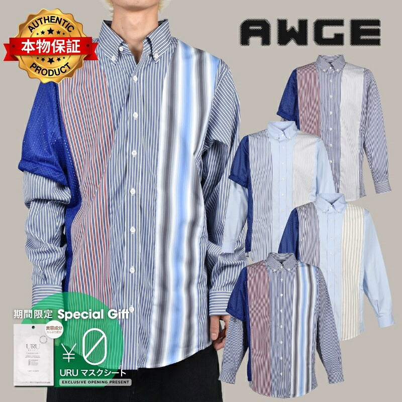 AWGE  オーグ 【本物保証】 シャツ、ストリートスタイル、メンズ MIX SHIRT // ALL UNIQUE! / WHT/BLU