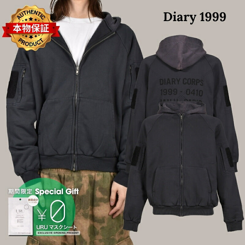 DIARY 1999 ダイアリー 1999【本物保証】 パーカー、ストリートスタイル、メンズ WAFFLE LINED HOODIE / BLK