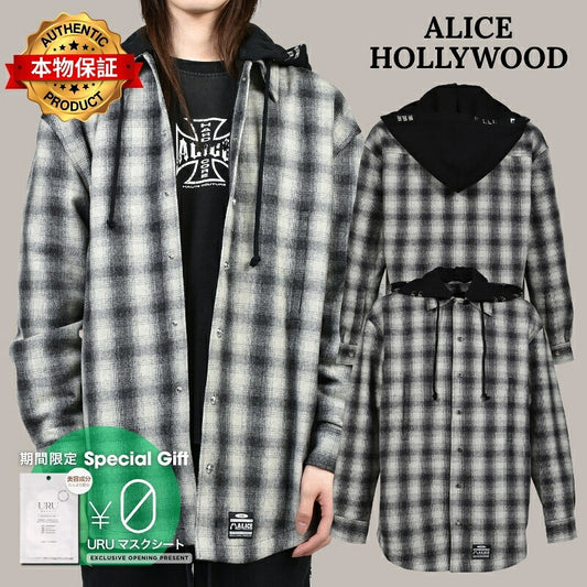 ALICE HOLLYWOOD アリス・ハリウッド【本物保証】 パーカー, ストリート系 メンズ OVERSIZE HOODED FLANNEL SHIRT / O.WHT