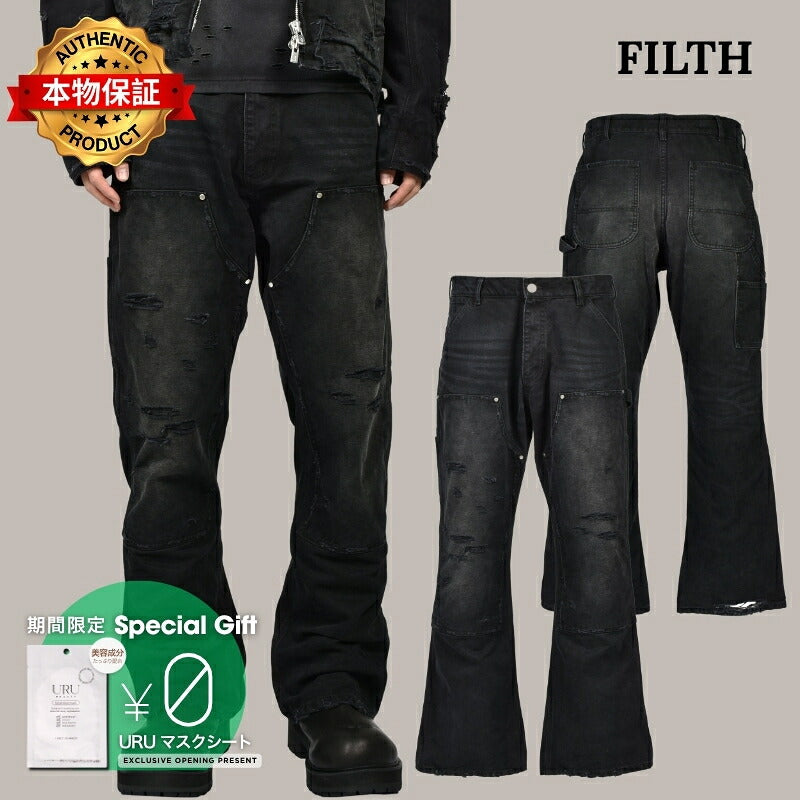 FILTH フィルス 【本物保証】 パンツ ストリート系 メンズ DIRTY DOUBLE KNEE FLARE / FADED BLK