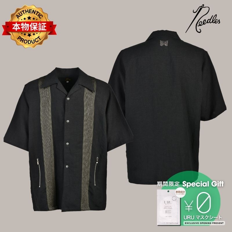 Needles ニードルス 【本物保証】 シャツ ストリート系 メンズ TRACK S/S OPEN COLLAR SHIRT - COTTON LINEN ( 20TH EXCLUSIVE) / BLK