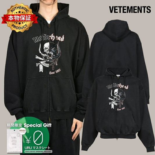 VETEMENTS ヴェトモン 【本物保証】 パーカー ストリート系 メンズ VETEMENTSXMOTORHEAD DOUBLE GRAPHIC ZIP-UP HOODIE / WASHED BLK