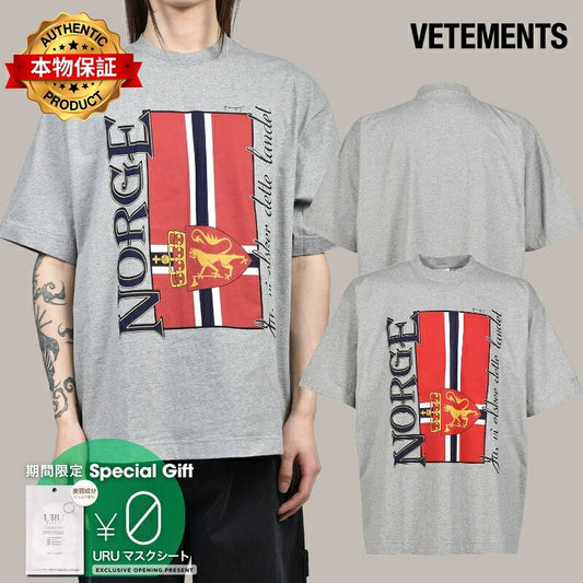 VETEMENTS ヴェトモン 【本物保証】 Tシャツ ストリート系 メンズ NORWAY TOURIST T-SHRIT / GRY MELANGE
