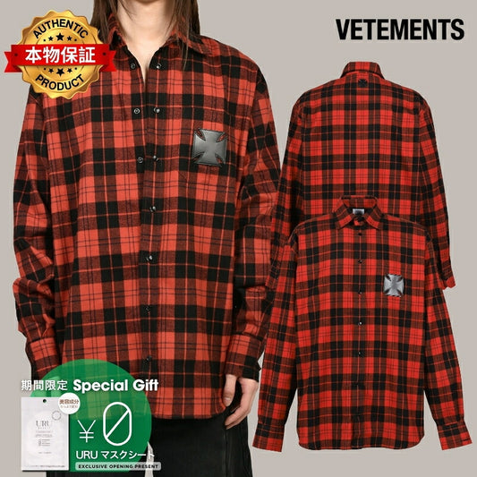 VETEMENTS ヴェトモン 【本物保証】 シャツ ストリート系 メンズ LEATHER CROSS FLANNEL SHIRT / BLK RED CHECK