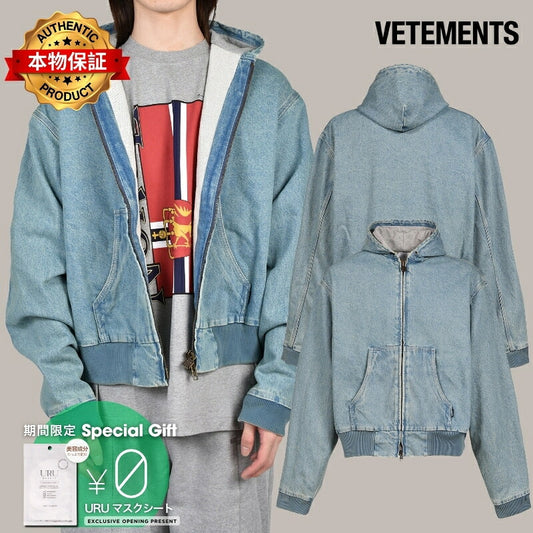 VETEMENTS ヴェトモン 【本物保証】 パーカー ストリート系 メンズ HOODED WORKWEAR DENIM JACKET / VTG MID BLU
