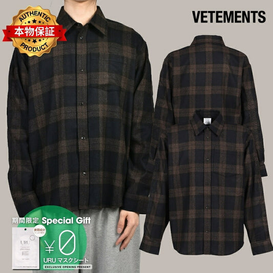 VETEMENTS ヴェトモン 【本物保証】 シャツ ストリート系 メンズ EMBROIDERED METAL LOGO FLANNEL SHIRT / BLK
