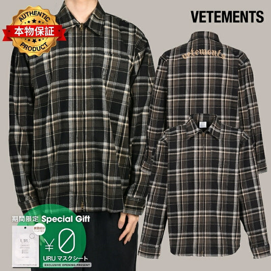 VETEMENTS ヴェトモン 【本物保証】 シャツ ストリート系 メンズ ZIP-UP BIKER CROSS LOGO FLANNEL SHIRT / BLK