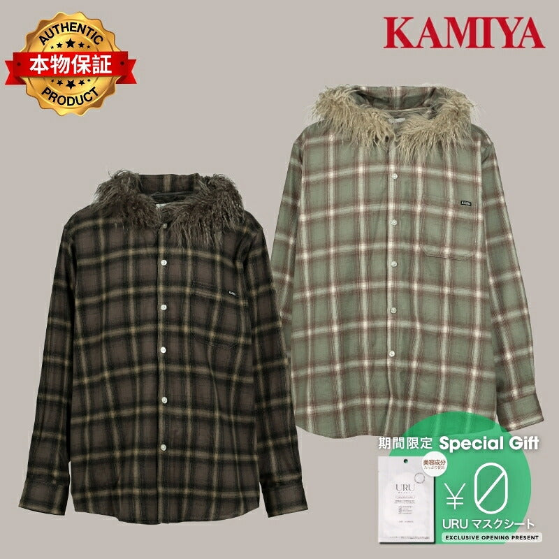 KAMIYA カミヤ 【本物保証】 シャツ ストリート系 メンズ FUR-TRIMMED HOODED CHECK SHIRT / BRW