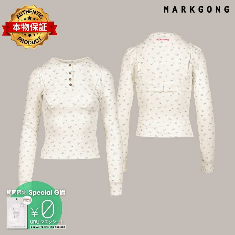 MARKGONG 【本物保証】 シャツ ストリート系 レディース WHITE FLORAL PRINT LACE-TRIM BRALETTE DETAIL LONG SLEEVE HENLEY SHIRT / FLORAL