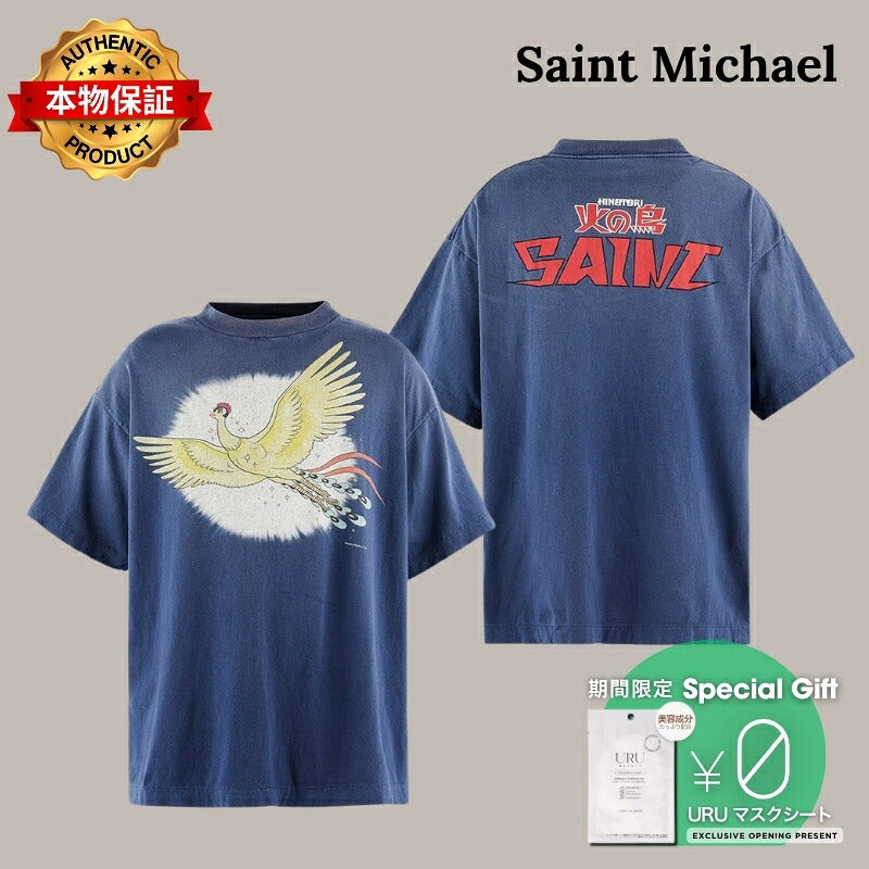 SAINT M×××××× セントマイケル 【本物保証】 Tシャツ ストリート系 ユニセックス セントマイケル x 火の鳥 ショートスリーブTシャツ/セント "ネイビー"
