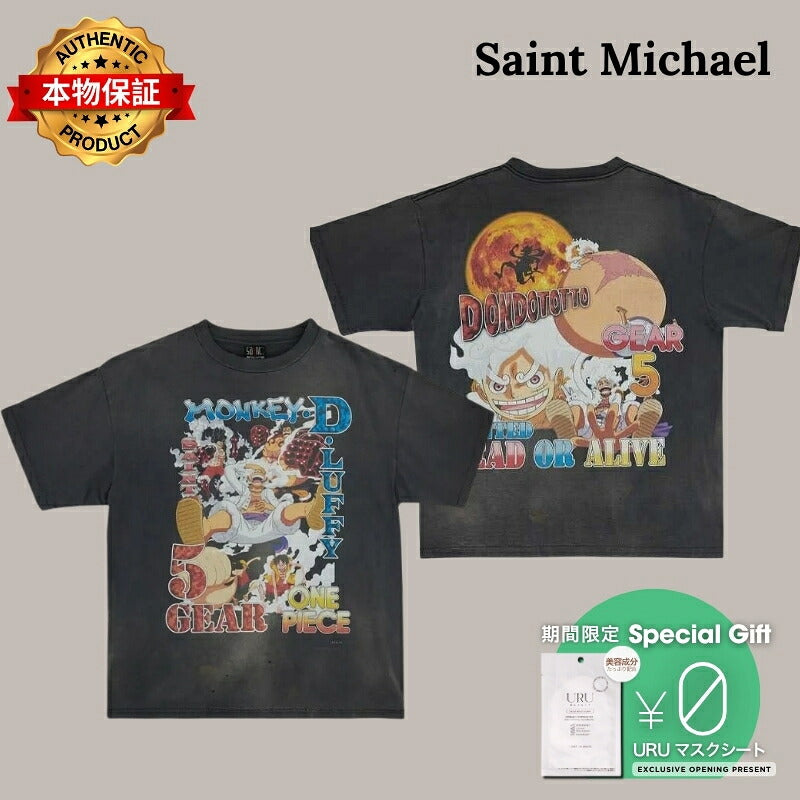 SAINT M×××××× セントマイケル 【本物保証】 Tシャツ ストリート系 ユニセックス セントマイケル x ワンピース OP_SS Tシャツ/ルフィー "ブラック"