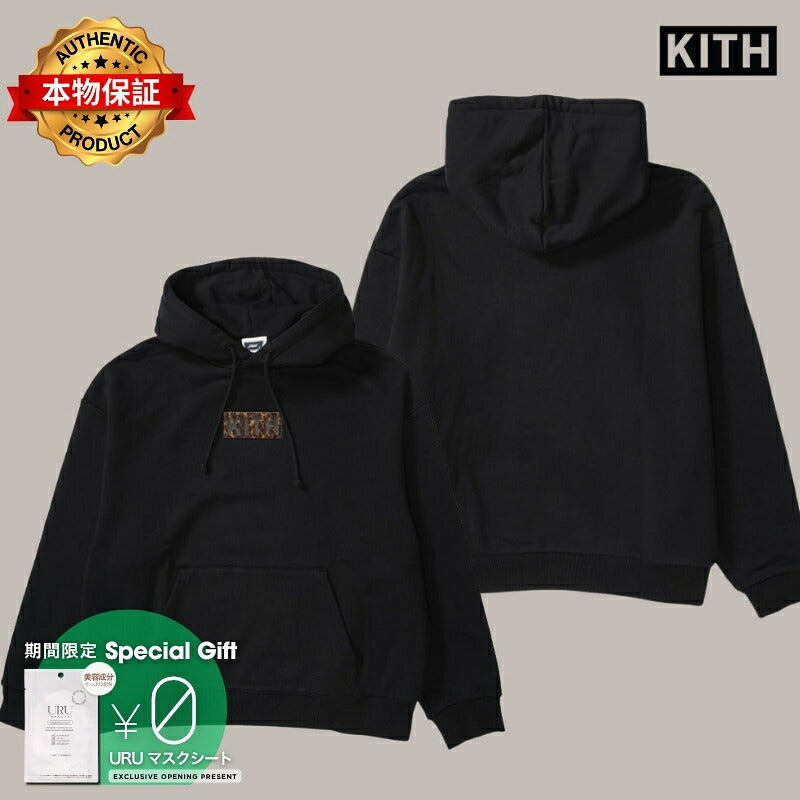 KITH キス 【本物保証】 パーカー ストリート系 ユニセックス キス クラシック ロゴ レオパード アップリケ ネルソン フーディー "ブラック"