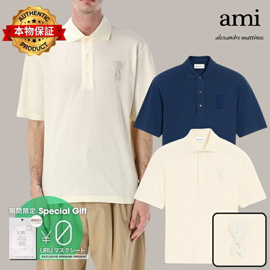 AMI PARIS アミ パリス 【本物保証】 シャツ ストリート系 ユニセックス アミパリス コットン アミ ドゥ クール ニット パッチ ポロ "ホワイト"