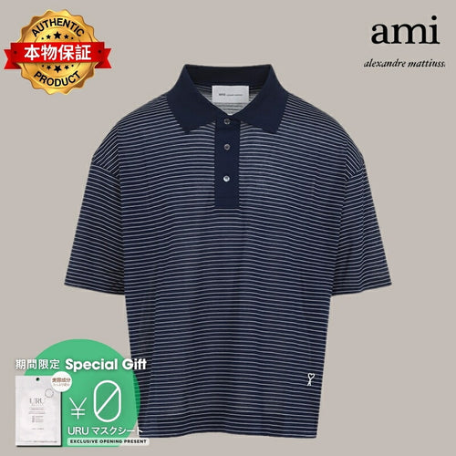 AMI PARIS アミ パリス 【本物保証】 シャツ ストリート系 ユニセックス アミパリス アミストライプボクシーフィットポロ "ブルー/ホワイト"
