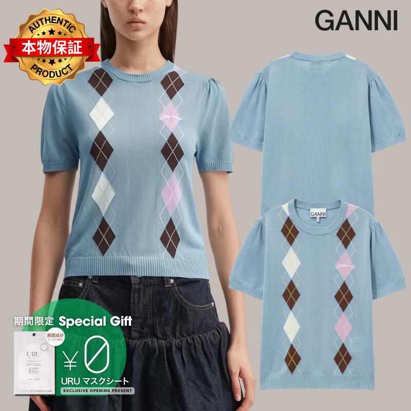 Ganni ガニー 【本物保証】 Tシャツ ストリート系 レディース Light Cotton Argyle T-Shirt