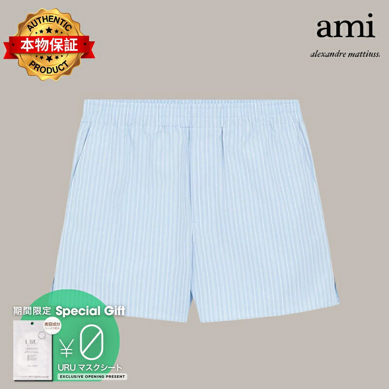 AMI PARIS アミ パリス 【本物保証】 パンツ ストリート系 ユニセックス アミパリス コットン エラスティック ショートパンツ "ブルー"