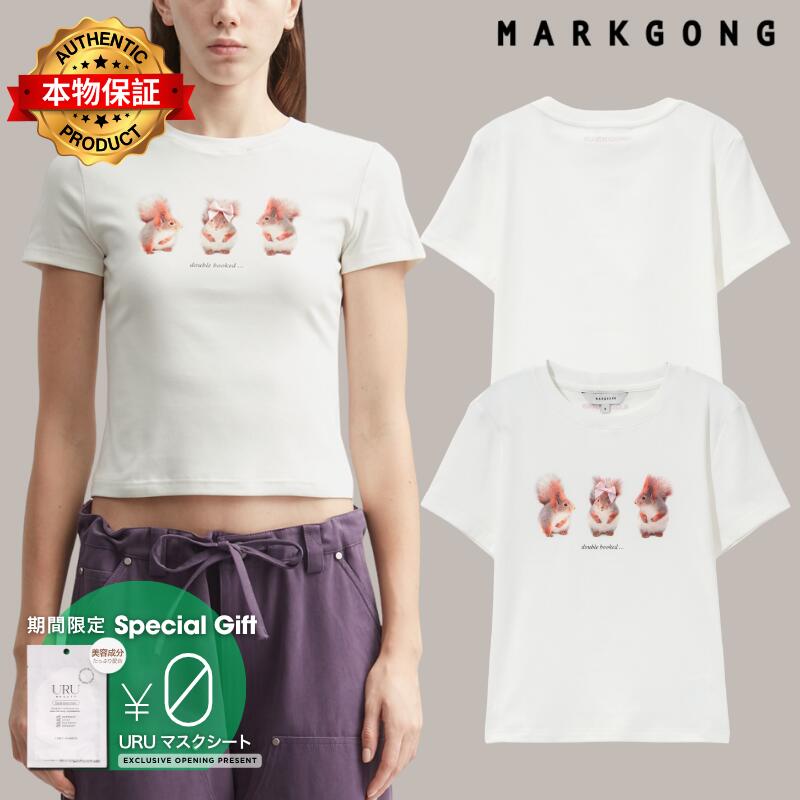 Markgong マークゴン 【本物保証】 Tシャツ ストリート系 レディース White Squirrel Printed Stretch Short Sleeve Top