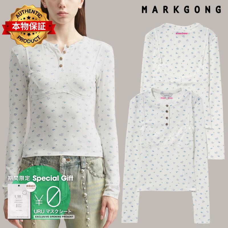 Markgong マークゴン 【本物保証】 シャツ ストリート系 レディース White Floral Print Lace-Trim Bralette Detail Long Sleeve Henley Shirt