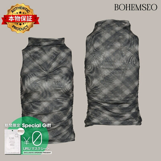 BOHEMSEO ボヘムソ 【本物保証】 シャツ ストリート系 レディース HALF NECK SHIRRING SLEEVELESS / CHECK