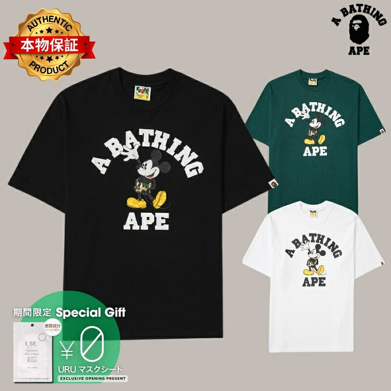 A BATHING APE アベイシングエイプ 【本物保証】 Tシャツ ストリート系 ユニセックス アベイシングエイプ x ディズニー ミッキーマウス カレッジ リラックスフィット Tシャツ "ブラック"