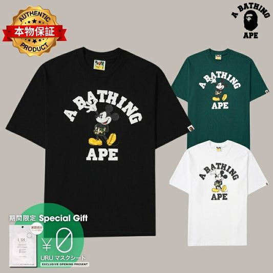 A BATHING APE アベイシングエイプ 【本物保証】 Tシャツ ストリート系 ユニセックス アベイシングエイプ x ディズニー ミッキーマウス カレッジ リラックスフィット Tシャツ "ブラック"