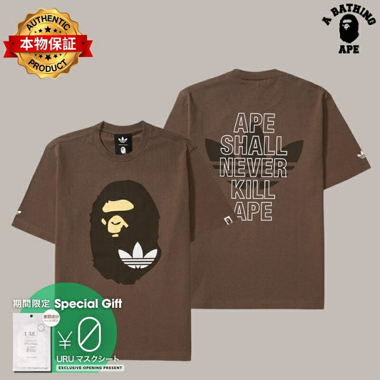 A BATHING APE アベイシングエイプ 【本物保証】 Tシャツ ストリート系 ユニセックス アベイシングエイプ x アディダス エイプヘッド Tシャツ "ブラウン"