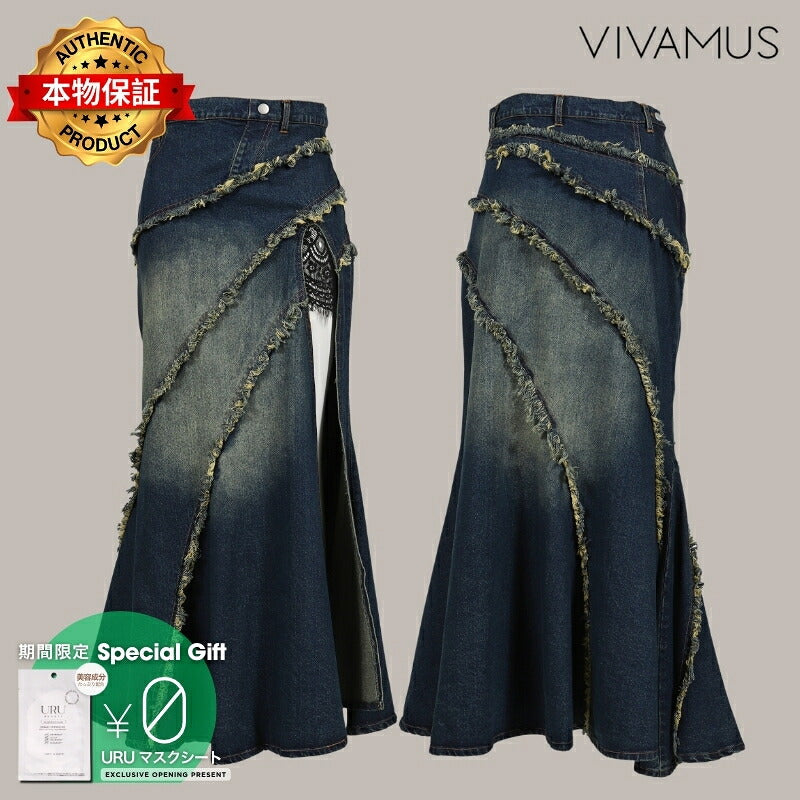 VIVAMUS 【本物保証】 スカート ストリート系 レディース TIERED LACE DENIM SKIRT / BLU
