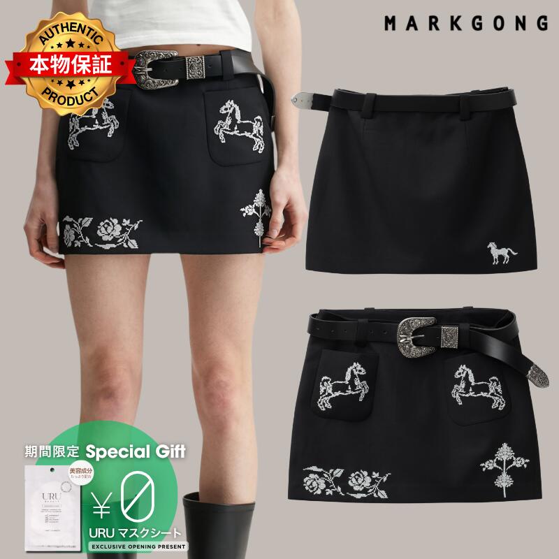Markgong マークゴン 【本物保証】 ベルト ストリート系 レディース Black Cross Stitch Embroidered Skirt With Detachable Belt