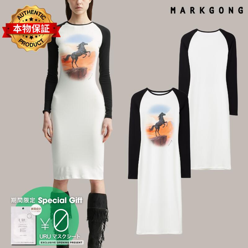 Markgong マークゴン 【本物保証】 ワンピース ストリート系 レディース Raglan Sleeve Midi Dress With Retro Print