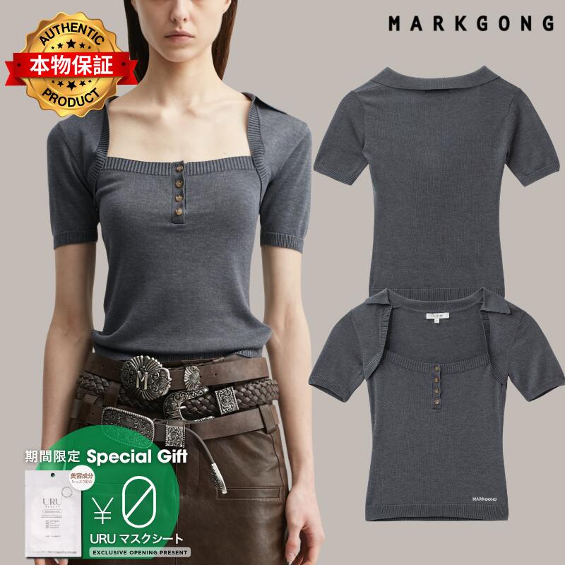 Markgong マークゴン 【本物保証】 ニット ストリート系 レディース Grey Knit Short-Sleeve Button-Up Knit Top