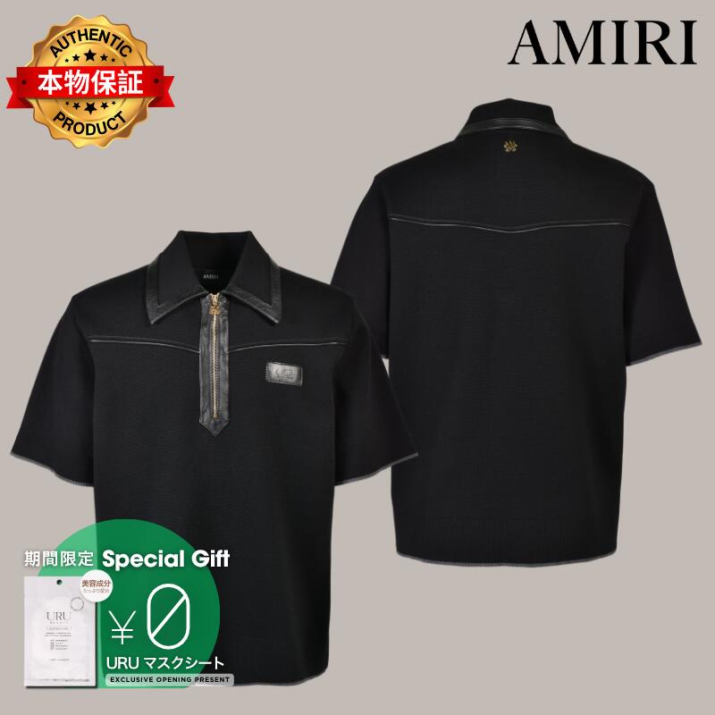 AMIRI アミリ 【本物保証】 ニット ストリート系 メンズ LEATHER TRIM KNIT ZIPPED POLO / BLK