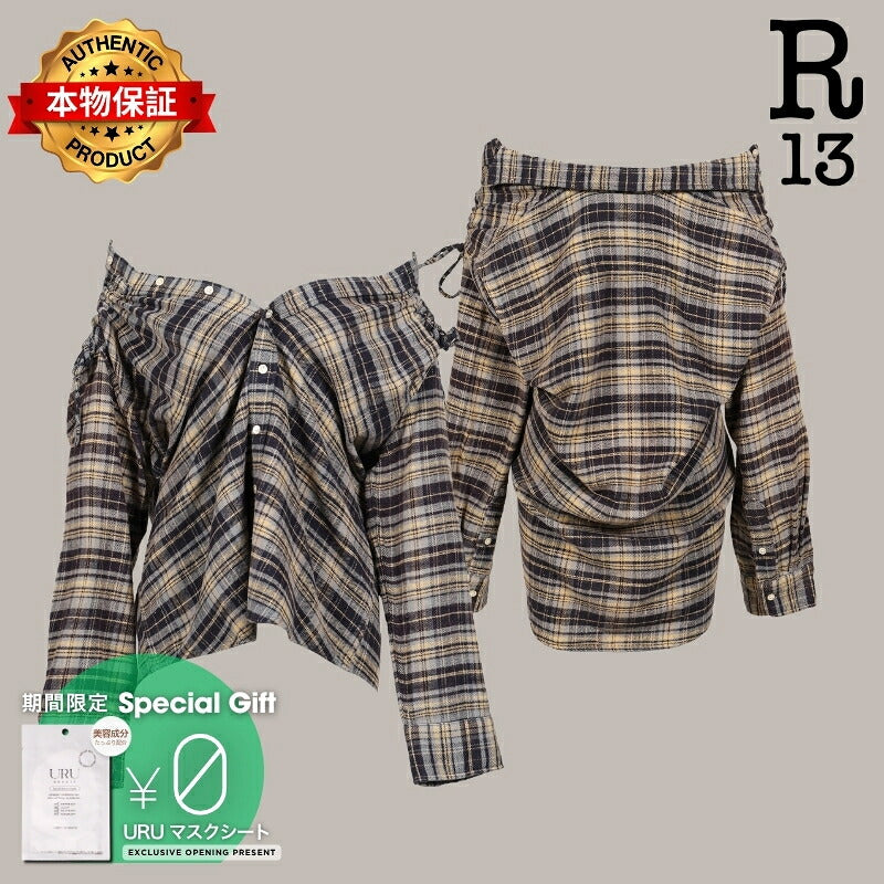 R13 【本物保証】 シャツ ストリート系 レディース CHINCHED OFF SHOLDER SHIRT / BLU PLAID