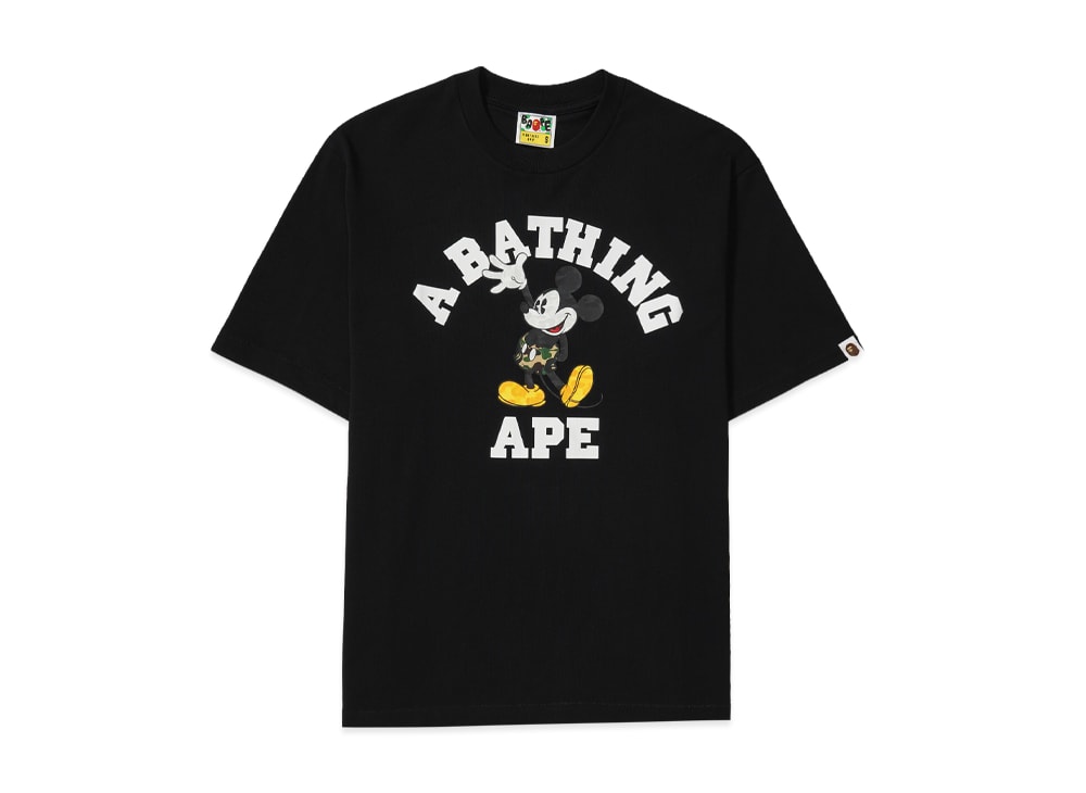 A BATHING APE アベイシングエイプ 【本物保証】 Tシャツ ストリート系 ユニセックス アベイシングエイプ x ディズニー ミッキーマウス カレッジ リラックスフィット Tシャツ "ブラック"