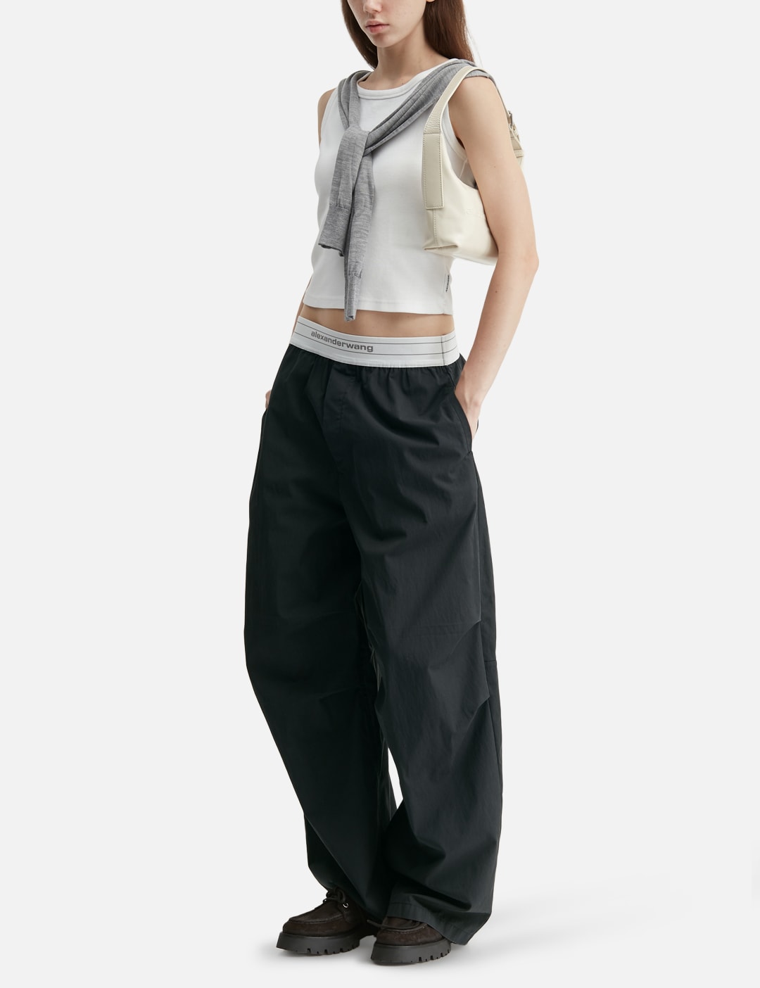 Alexander Wang アレキサンダーワン 【本物保証】 パンツ ストリート系 レディース Mid-Rise Pleated Wide-Leg Pant With Logo Elastic Waist