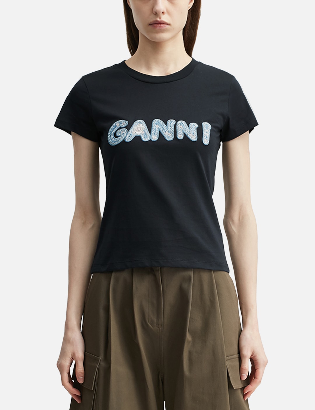 Ganni ガニー 【本物保証】 Tシャツ ストリート系 レディース Ganni Logo Embroidery Baby Fit T-Shirt