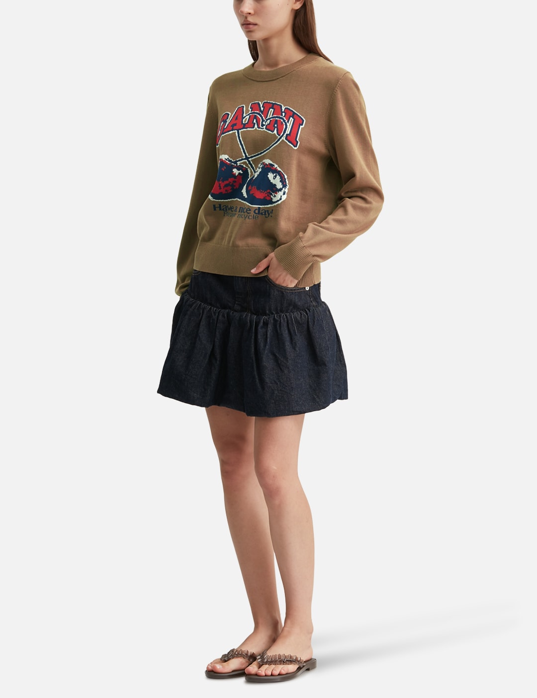 Ganni ガニー 【本物保証】 ニット ストリート系 レディース Fine Cotton Graphic Sweater Cherry