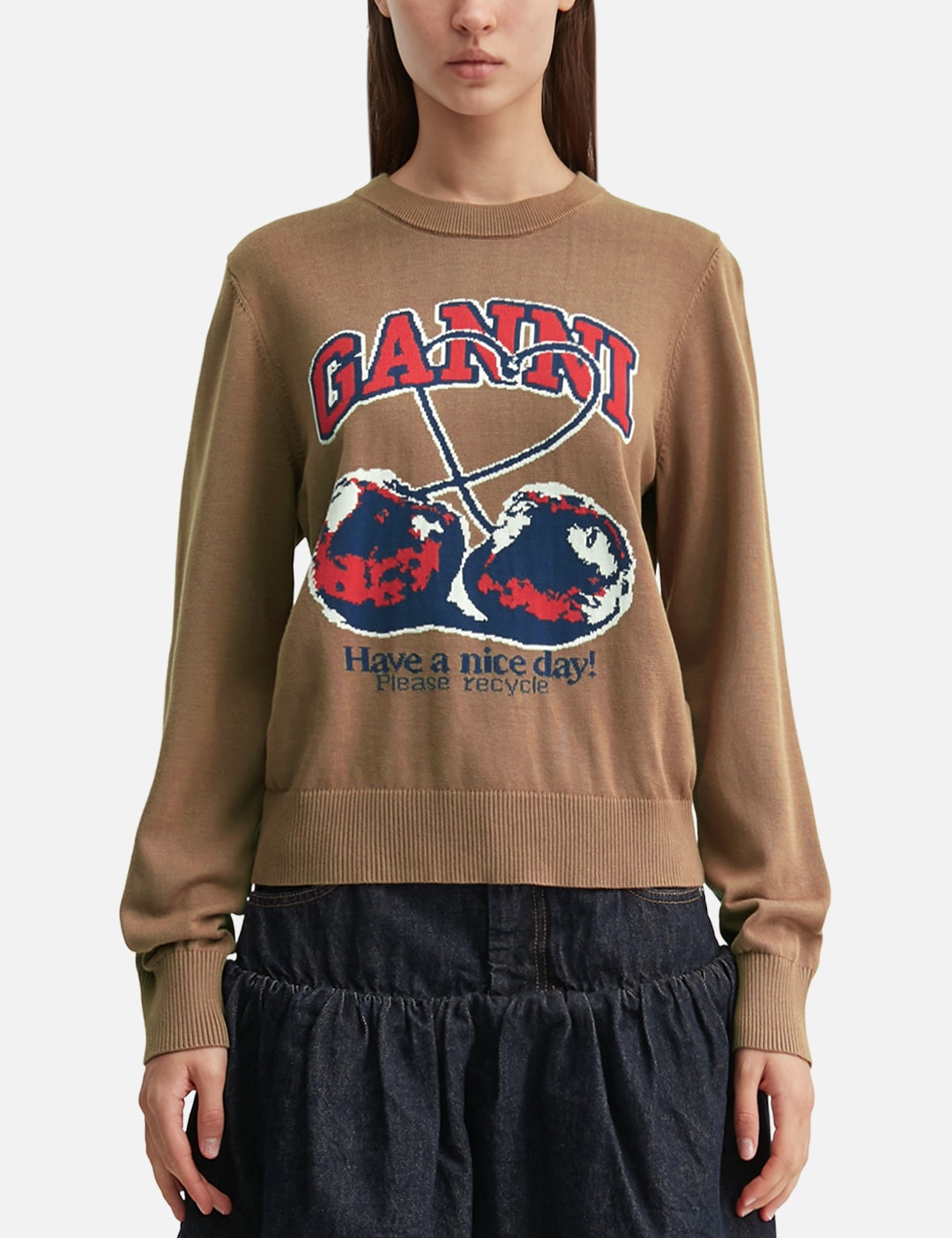 Ganni ガニー 【本物保証】 ニット ストリート系 レディース Fine Cotton Graphic Sweater Cherry