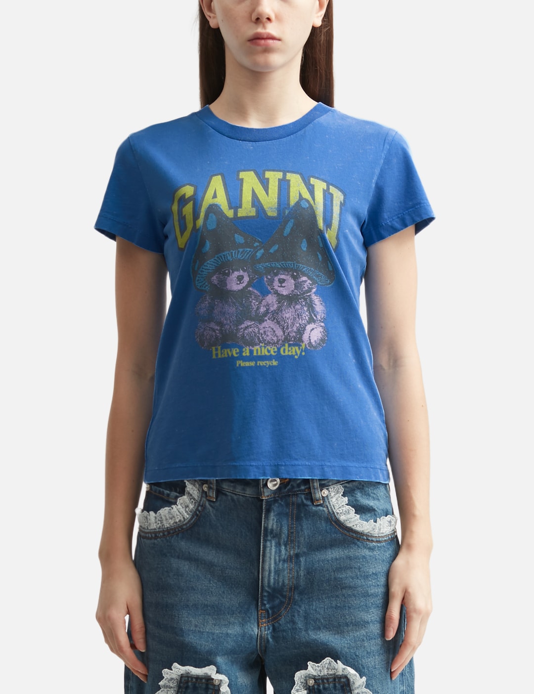 Ganni ガニー 【本物保証】 Tシャツ ストリート系 レディース Baby Fit T-Shirt With Mushroom Teddy