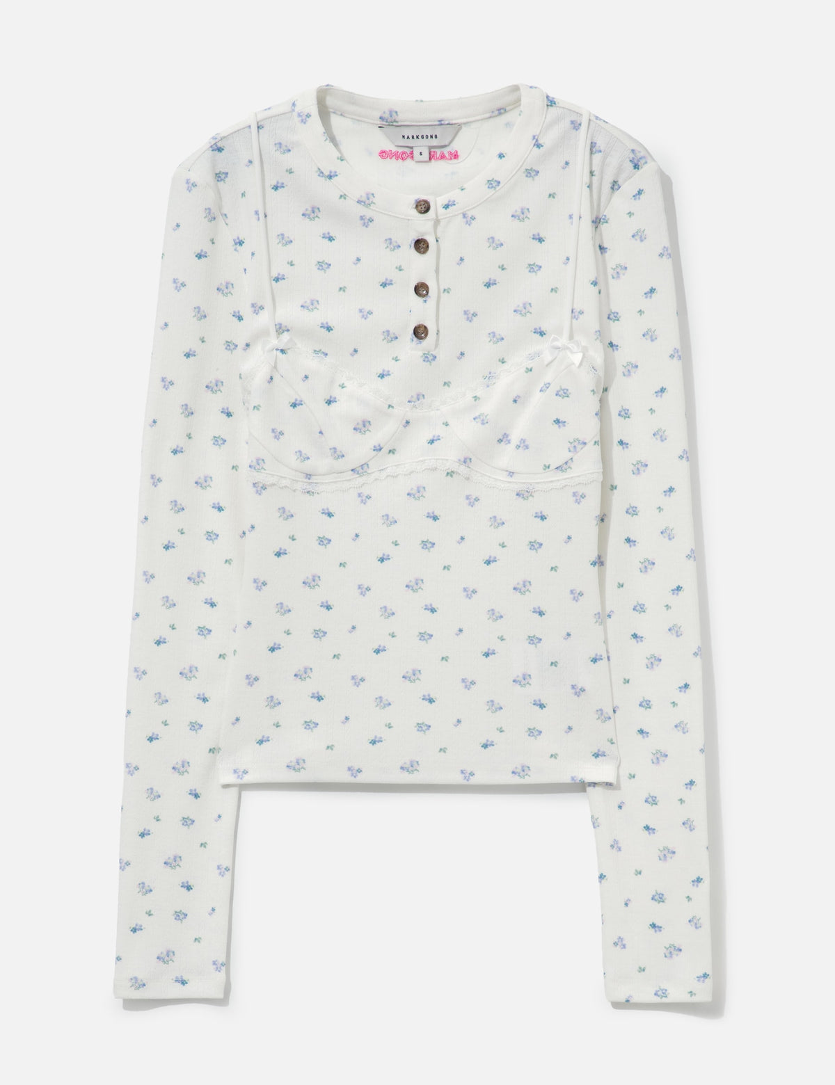 Markgong マークゴン 【本物保証】 シャツ ストリート系 レディース White Floral Print Lace-Trim Bralette Detail Long Sleeve Henley Shirt