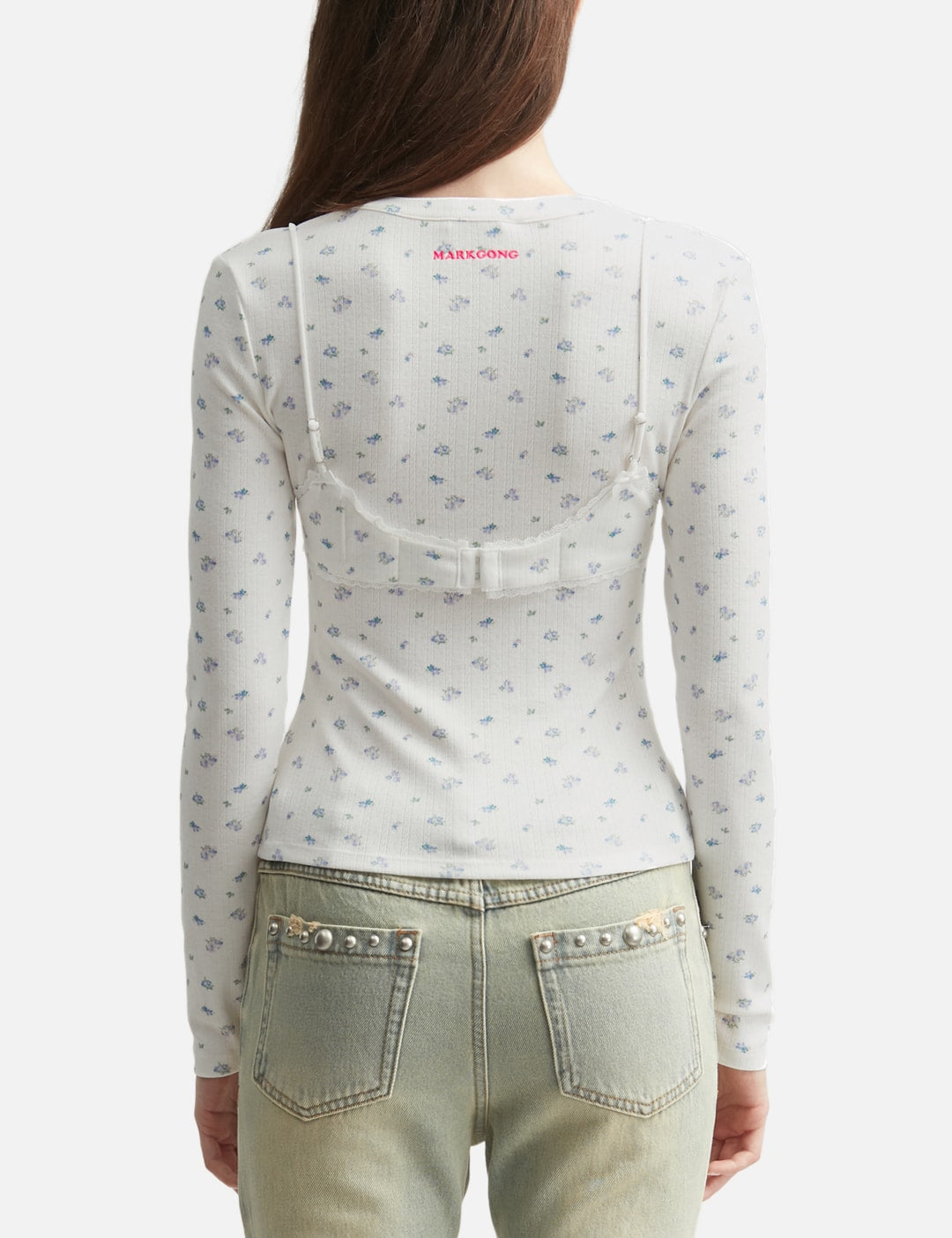 Markgong マークゴン 【本物保証】 シャツ ストリート系 レディース White Floral Print Lace-Trim Bralette Detail Long Sleeve Henley Shirt