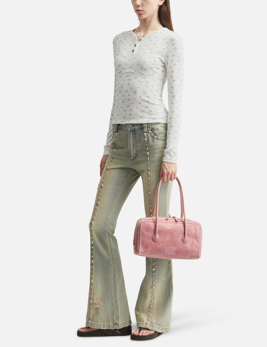 Markgong マークゴン 【本物保証】 シャツ ストリート系 レディース White Floral Print Lace-Trim Bralette Detail Long Sleeve Henley Shirt