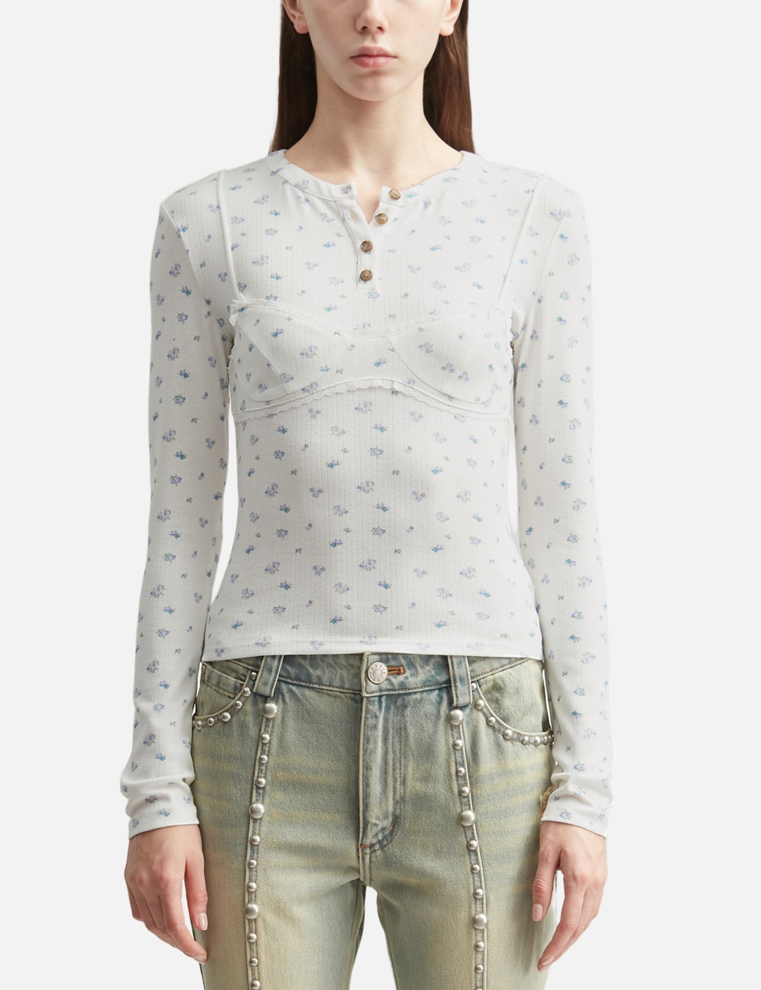 Markgong マークゴン 【本物保証】 シャツ ストリート系 レディース White Floral Print Lace-Trim Bralette Detail Long Sleeve Henley Shirt