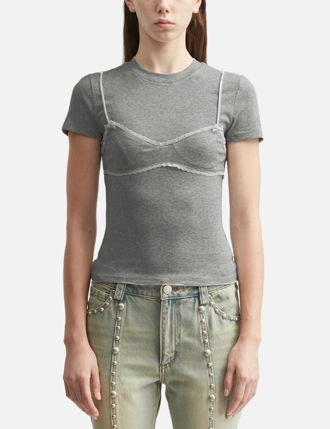 Markgong マークゴン 【本物保証】 Tシャツ ストリート系 レディース Grey Lace-Trim Bralette Detail T-Shirt