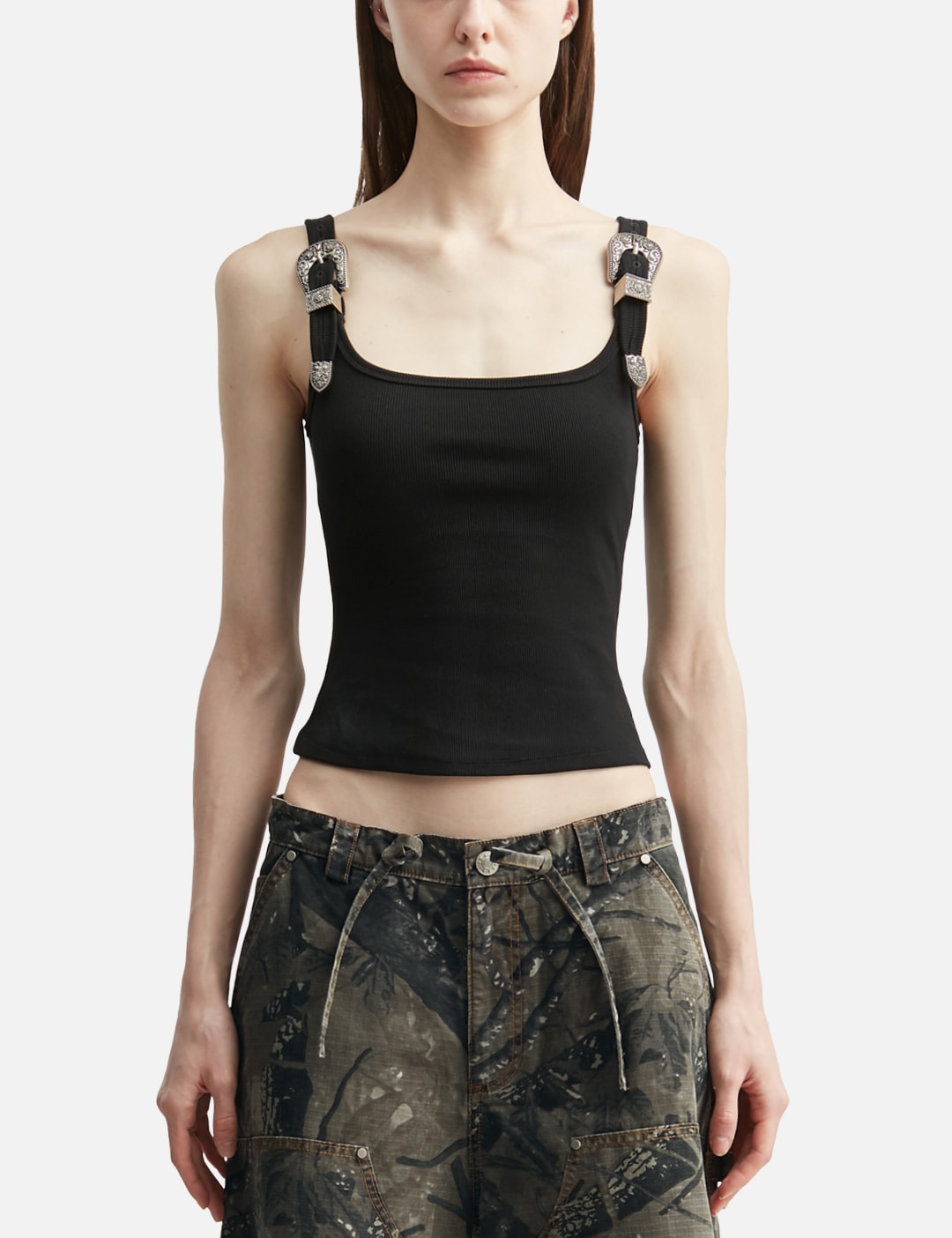 Markgong マークゴン 【本物保証】 タンクトップ ストリート系 レディース Black Tank Top With Metal Buckle Straps